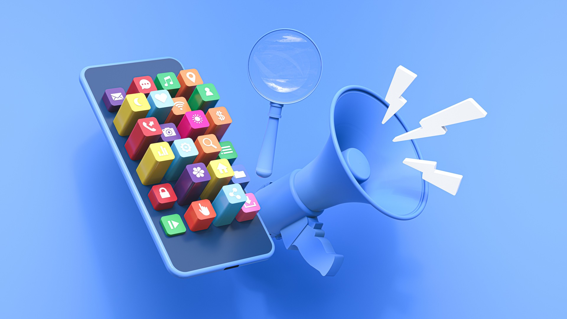 3D render, smartphone with colorful app icons, magnifying glass, megaphone, lightning bolts, blue background, digital marketing, mobile technology, vibrant colors, minimalist design, isometric view, promotional tools